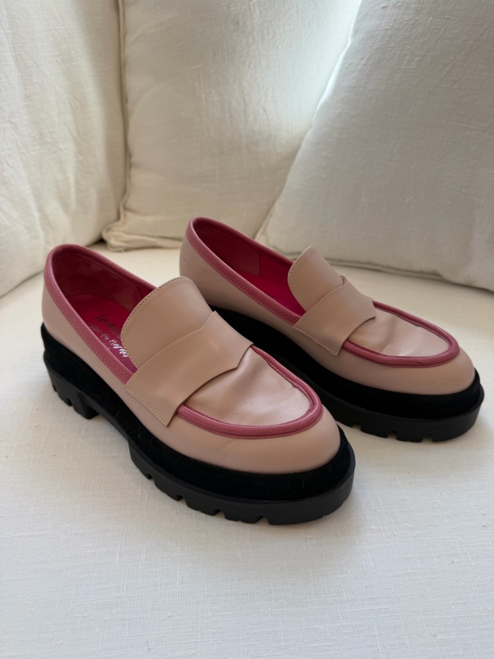 Camper Pink Leather Lug-Sole Penny Loafers with Dark Pink Trim